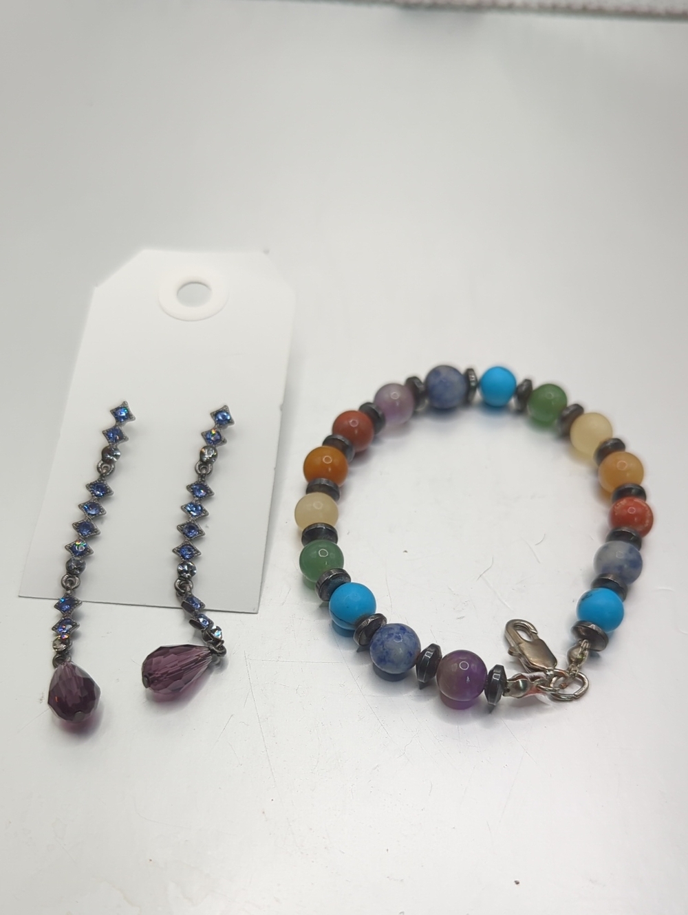 Beaded Multicolor Gemstone Bracelet with Blue Accent Earring